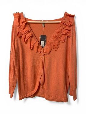 G.S. Bass & Co. Women's Coral Ruffle V-Neck Sweater Cardigan Medium